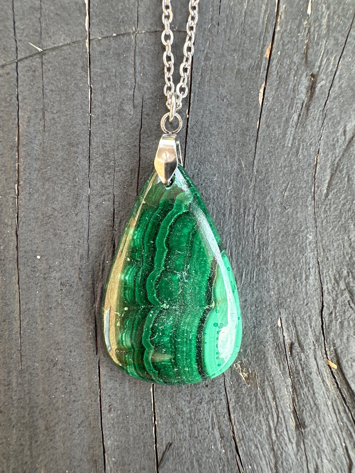 Malachite teardrop pendant on stainless steel chain
