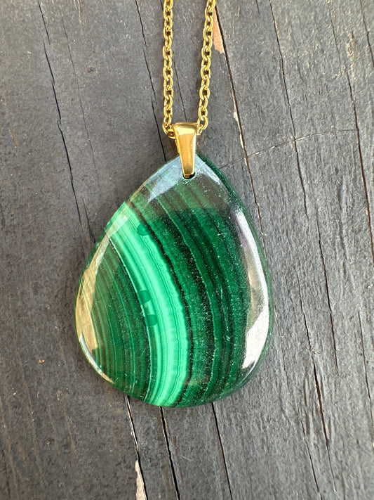 Malachite pendant on gold stainless steel chain
