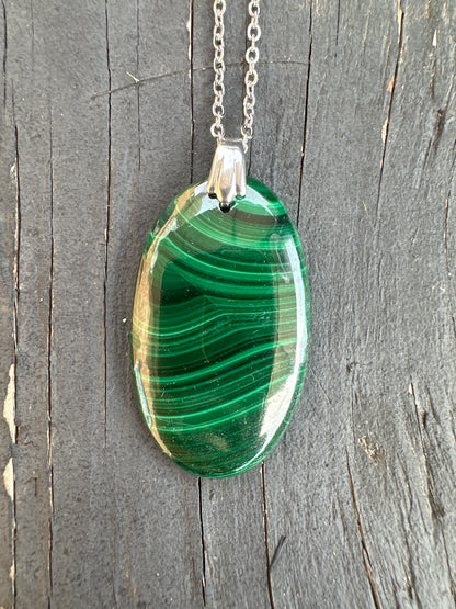 Malachite large oval pendant on stainless steel chain