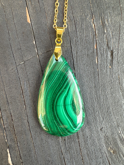 Malachite teardrop pendant on gold stainless steel chain