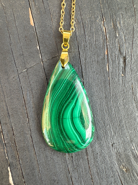 Malachite teardrop pendant on gold stainless steel chain