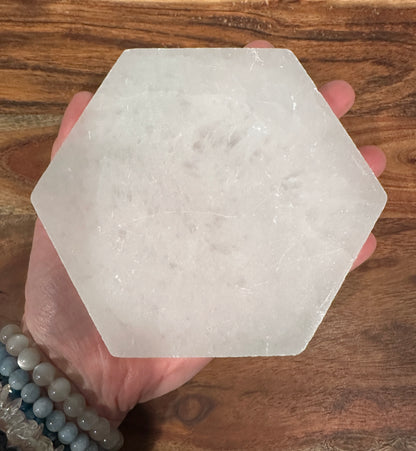 Hexagon Satin Spar Selenite Charging Plate