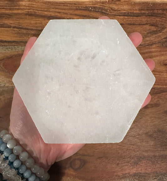 Hexagon Satin Spar Selenite Charging Plate