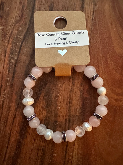 Rose Quartz , Clear Quartz & Pearl Bead Bracelet