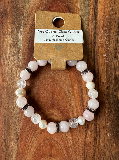 Rose Quartz , Clear Quartz & Pearl Bead Bracelet