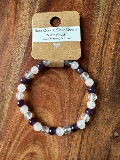 Rose Quartz, Clear Quartz & Amethyst Bead Bracelet