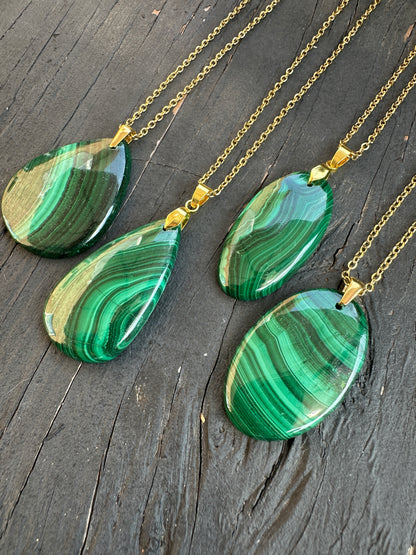 Malachite pendants on gold stainless steel chains