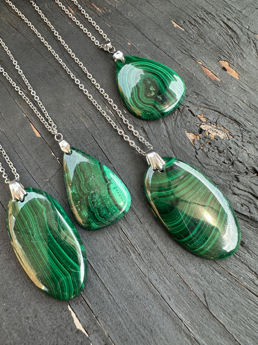 Malachite pendants on stainless steel chains