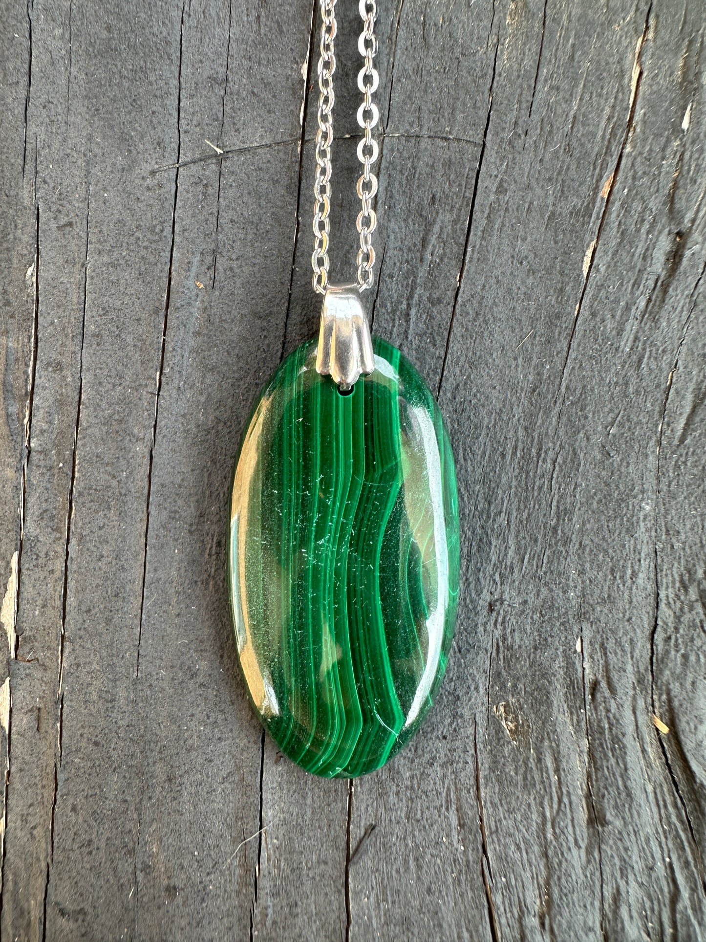 Malachite oval pendant on stainless steel chain